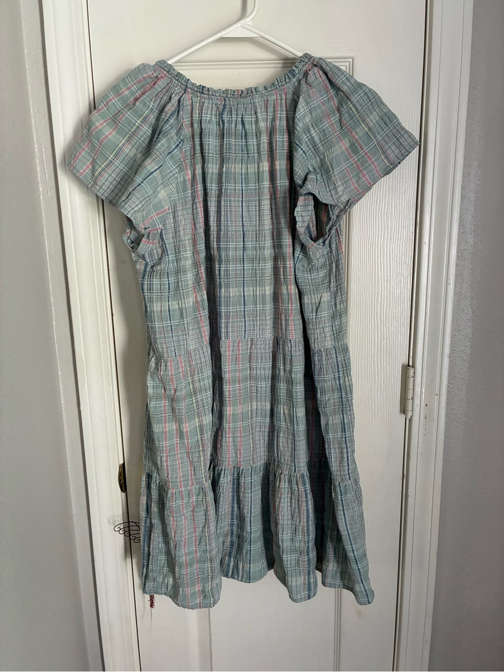 LOFT Blue and Pink Plaid Short Sleeve Tiered Dress - Picture 2 of 3